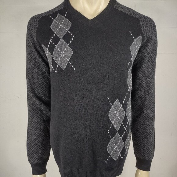 Transcript black gray embroidered argyle 100% Cashmere V-Neck sweater Medium - Picture 1 of 10